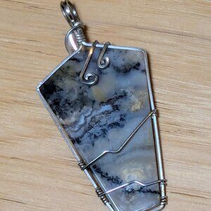 Dendritic Agate Hand-Wrapped Silver Statement Pendant + Silver Accent